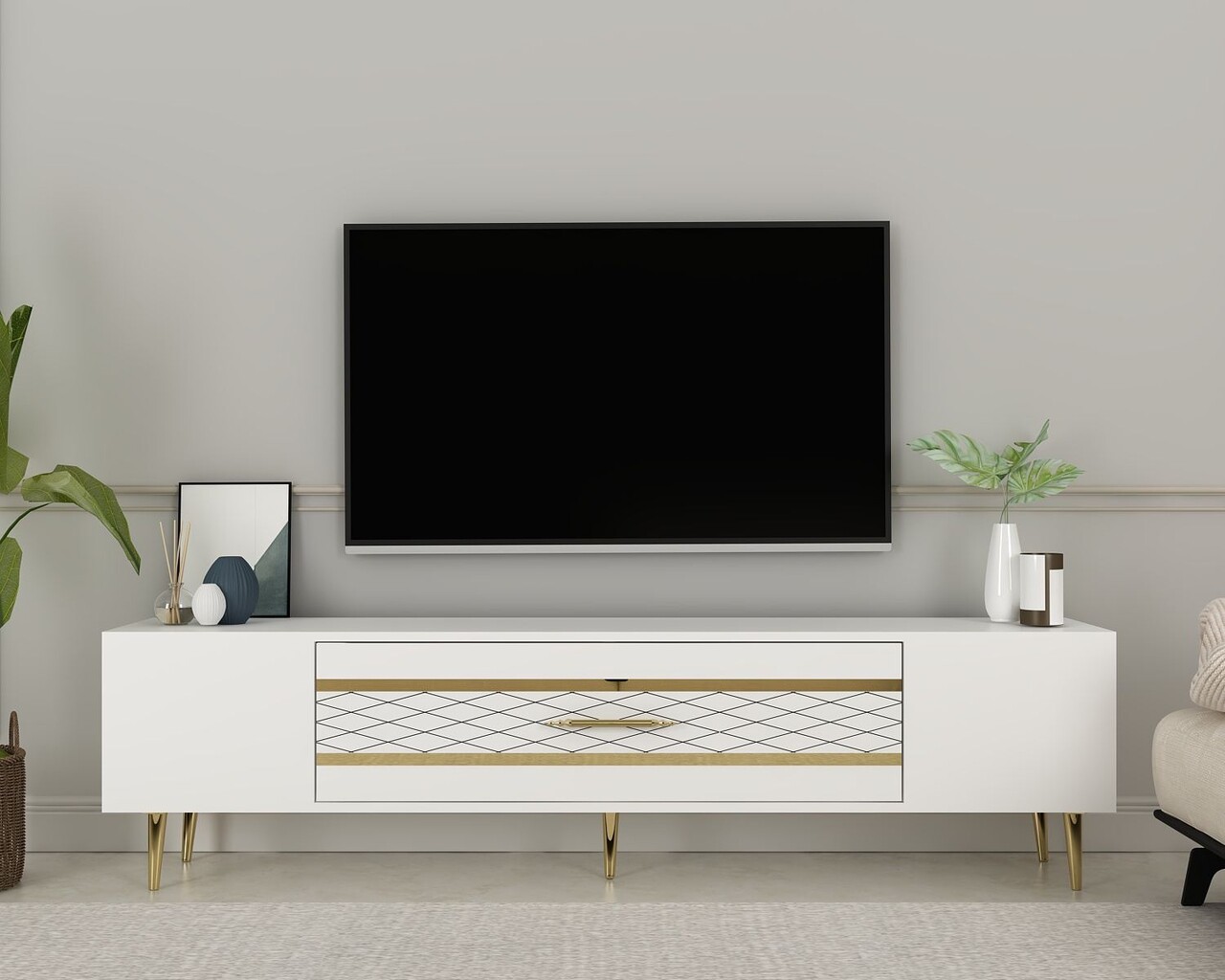 Comoda TV, Hanah Home, Dekolp2, 150x48.2x35 cm, Alb/Auriu - imagine 7